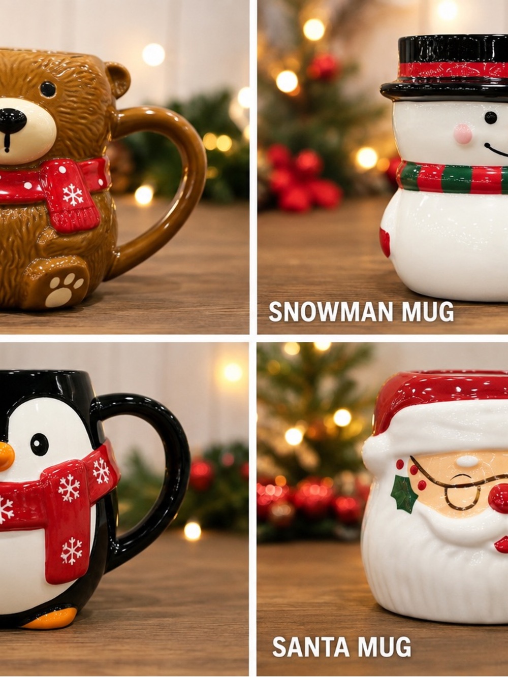 Festive Holiday Character Ceramic Mug Set - Brown, White, Black, Red, Green